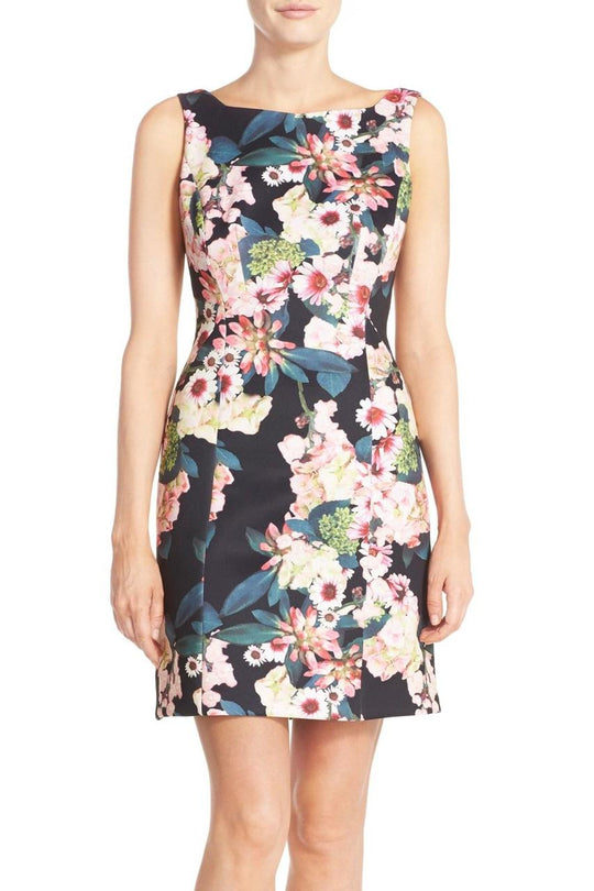 Adrianna Papell - 12247890 Floral Scoop Neck Column Dress in Black and Multi-color