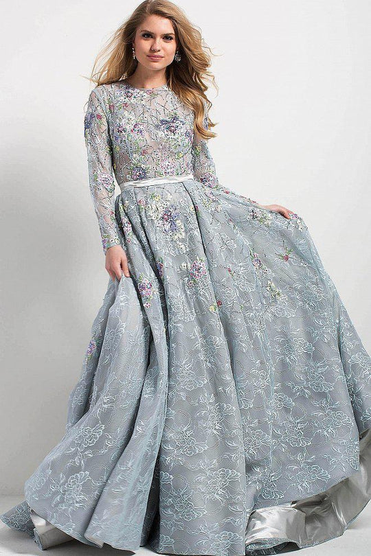Jovani - Long Sleeve Multi Floral Illusion Lace Gown 54550 in Multi-Color