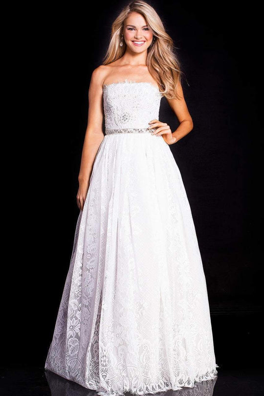 54587 Strapless Bejeweled Lace A-Line Gown