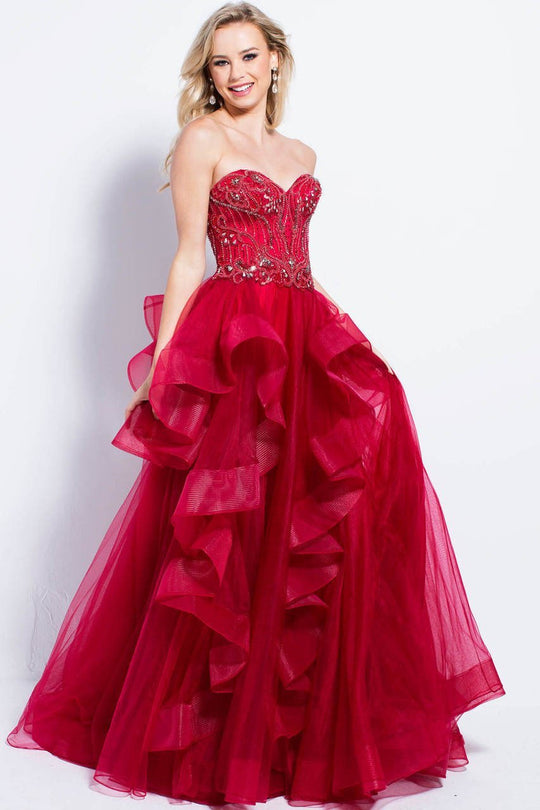 54642 Strapless Ornate Peplum Ruffle Cascade Gown