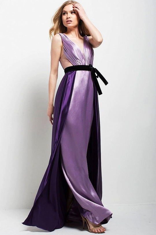 54673 Plunging Neck Two-Tone Evening Gown