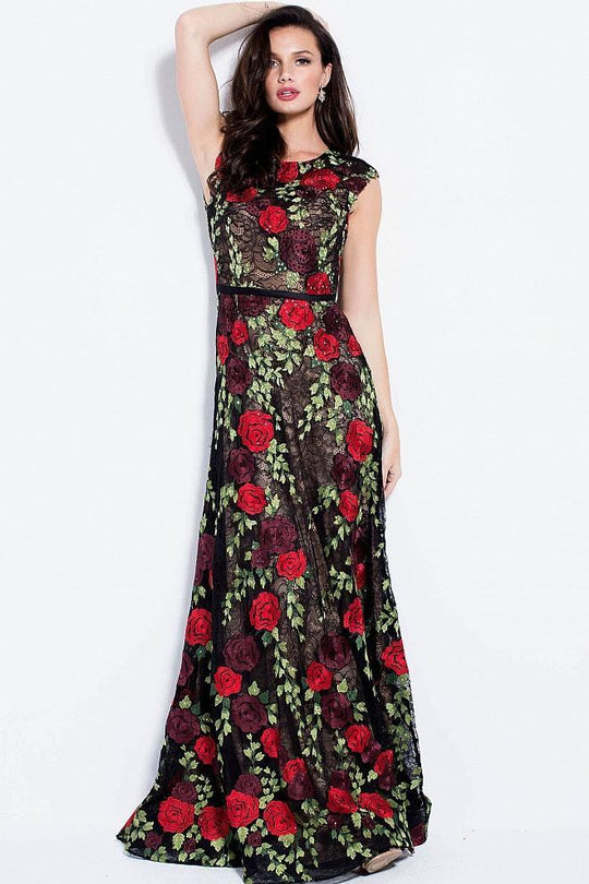 54677 Floral Embroidered A-Line Open Back Prom Dress