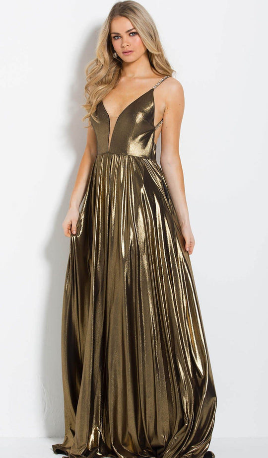 Jovani - 54799 Plunging V-Neck Backless Metallic Gown in Gold