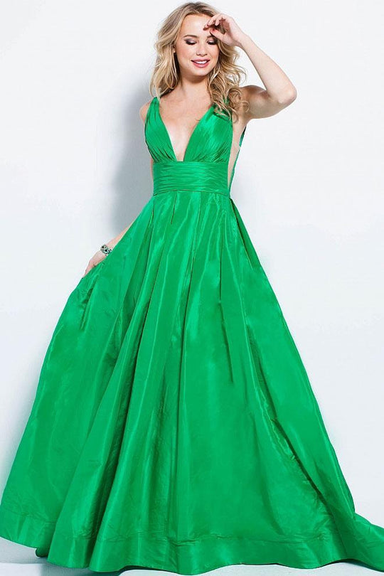 54812 Pleated Deep V-neck A-line Dress