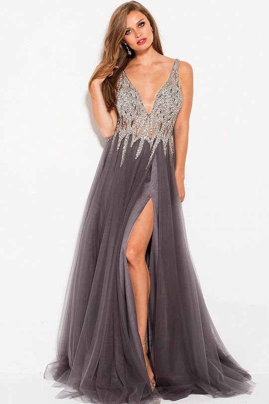 54873 Embellished Plunging V-neck A-line Dress