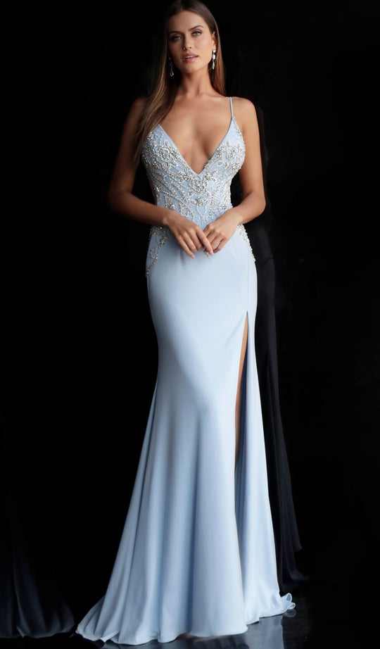 Jovani - 54927 Sleeveless Embellished Deep V-neck Trumpet Dress in Blue