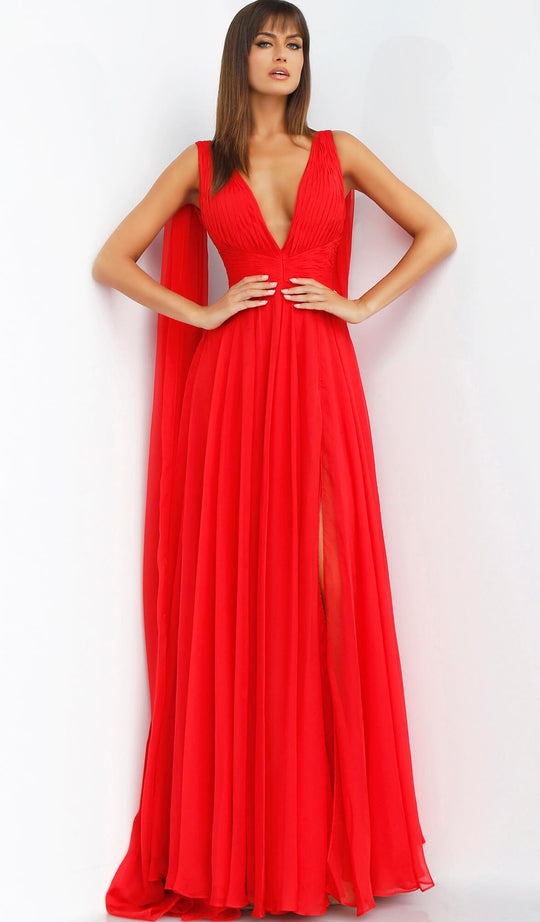 Jovani - 54929 Plunging Neckline V Back Chiffon Evening Dress  In Red