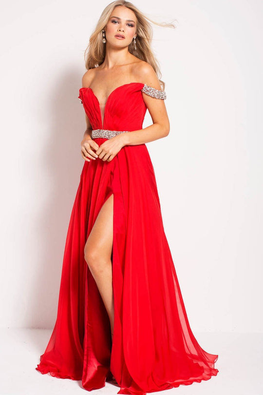 54935 Adorned Off-Shoulder High Slit Chiffon Gown