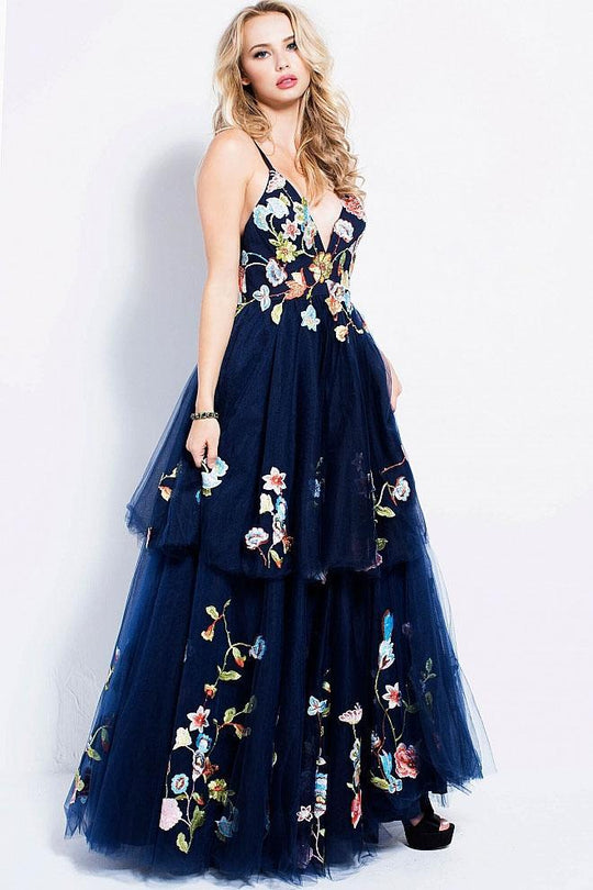 54963 Deep V Neck Floral Embroidered Tulle Prom Dress