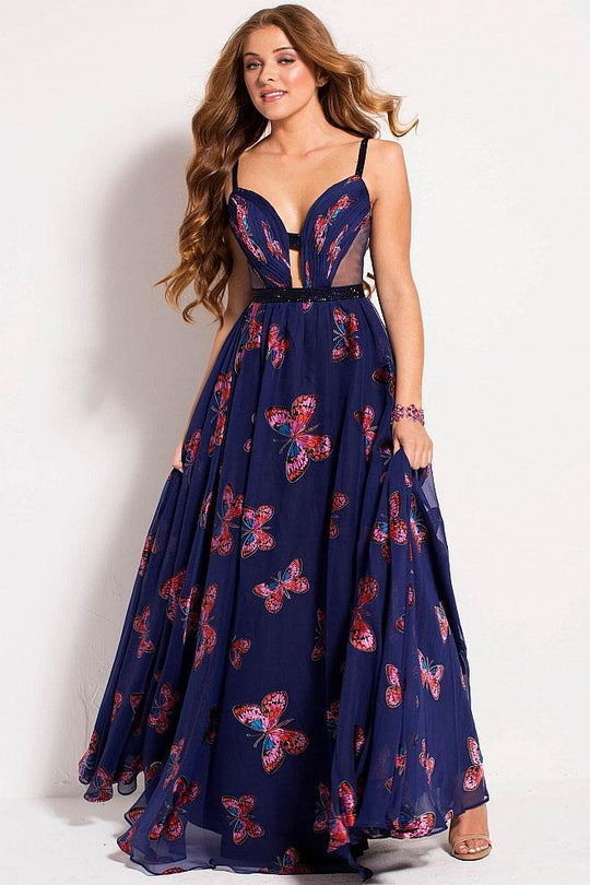 54972 Pleated Sweetheart Butterfly Print Chiffon Prom Dress