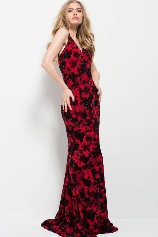 54985 Deep V-Neck Floral Print Evening Gown