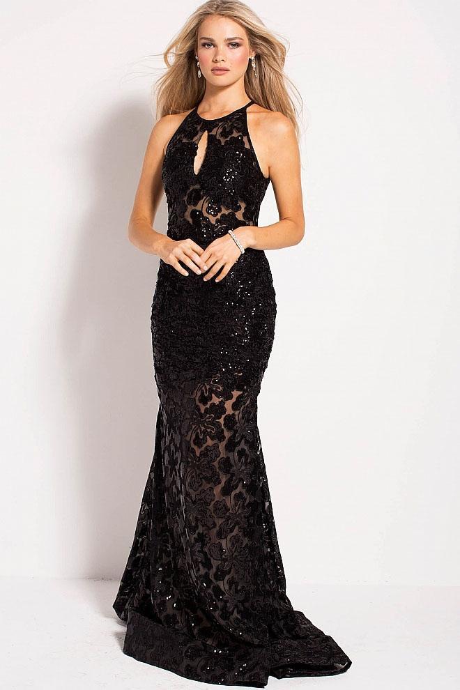 54986 Sequined Lace Illusion Halter Sheath Dress