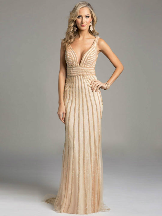 Lara Dresses - Gorgeous Stripe Lace Gown 32938, Neutral