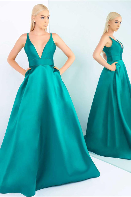 Ieena Duggal  - 55010I Sleek Plunging V-Neck Gown in Green