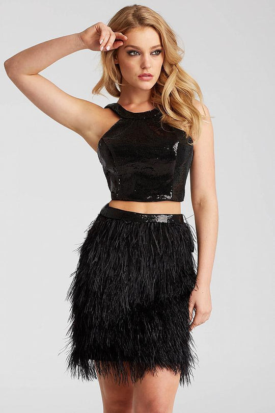 Jovani - Two Piece Feathered Cocktail Dress 55053 In Black