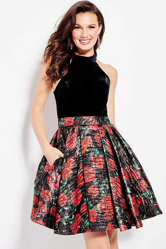 55056 High Neck Floral Skirt Short Party Dress