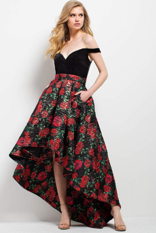 55057 Off-Shoulder High Low Evening Gown