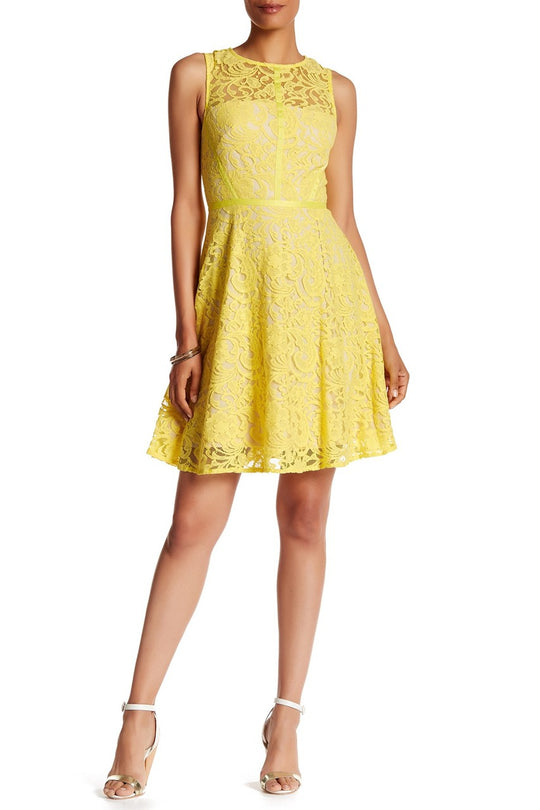 Donna Ricco - DR20204 Ribbon Piped Lace Dress in Yellow