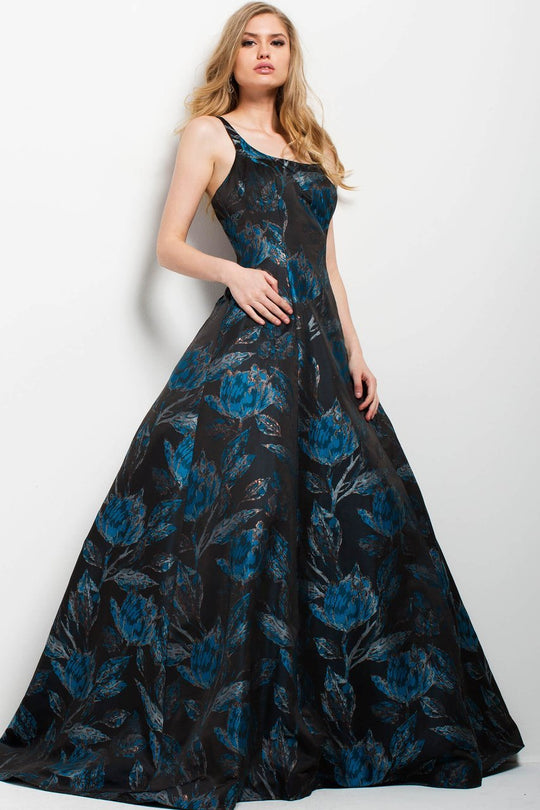 55094 Scoop Neck Floral Print A-Line Gown