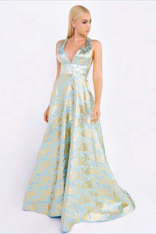 Ieena Duggal  - High Neck Gown Style 55128I in Blue/Gold