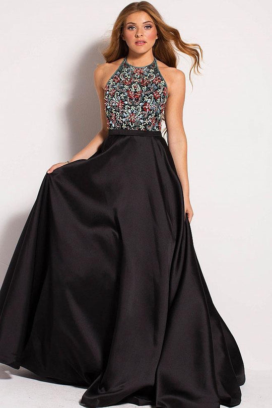 55129 Halter Beaded Mikado Prom Dress