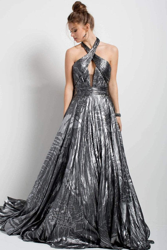 55143 Halter Neck Metallic Evening Gown