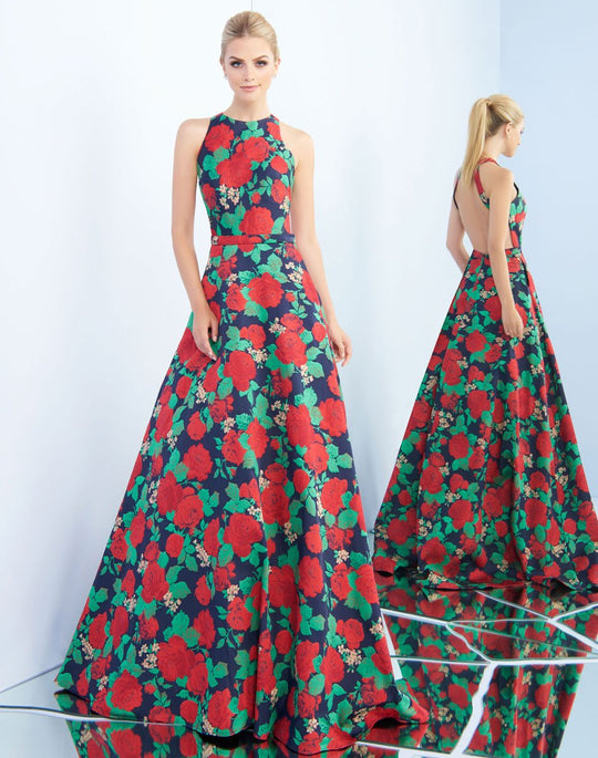 Ieena Duggal  - 55162I Bold Floral Print Sleeveless A-Line Gown In Print