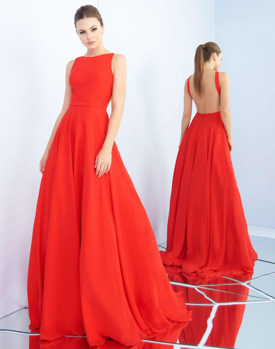 Ieena Duggal  - 55192I Chiffon Bateau A-line Dress In Red