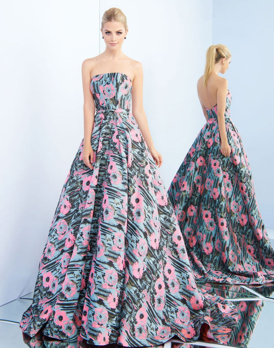 Ieena Duggal  - 55213I Strapless Floral Print Evening Gown In Pink