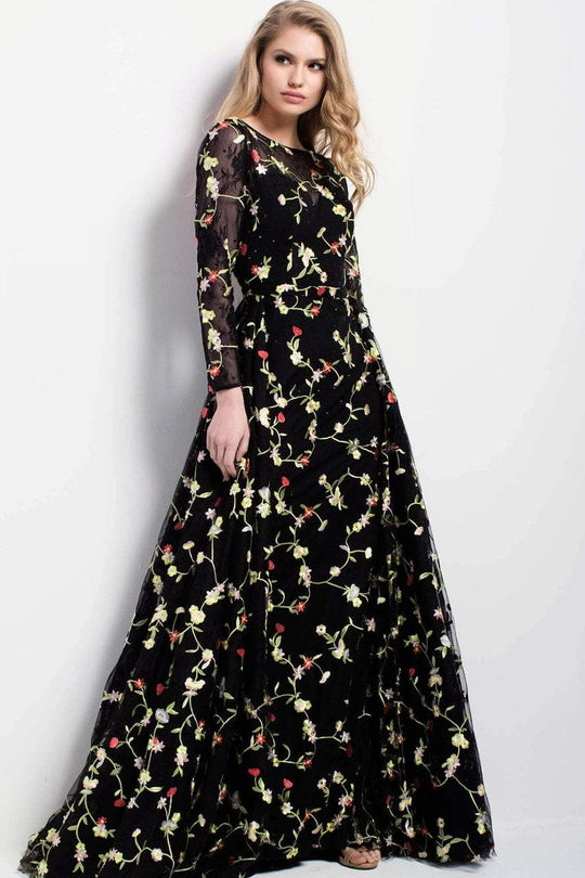 55267 Long Sleeved Floral Evening Gown