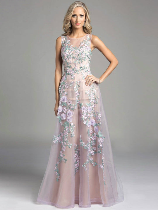 Lara Dresses - Sheer Illusion A-Line Evening with Floral Embroidery Dress 33216 in  Multi-Color