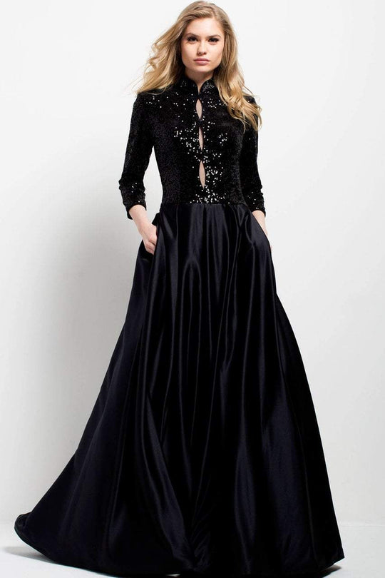 Jovani - Quarter-Length Sleeve Sequined Ballgown 55321 in Black