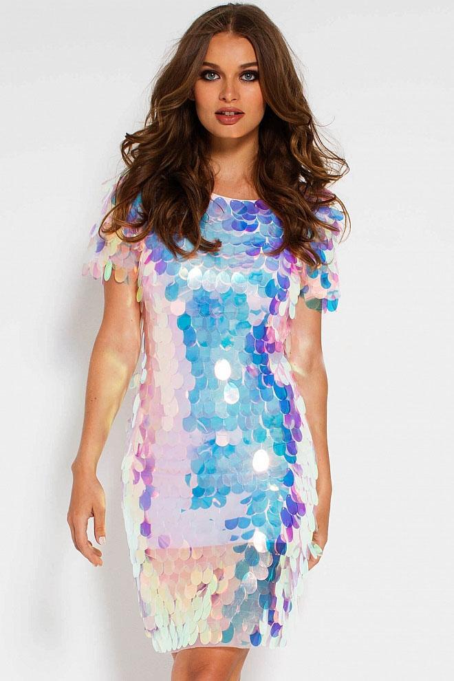 55494 Paillette Short Sleeves Cocktail Dress