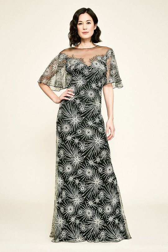 Tadashi Shoji - Elbow–Length Flutter Sleeves Column Dress In Black and Silver