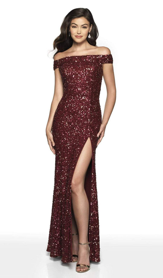 Intrigue by Blush - 555 Fully Beaded Off-Shoulder Sheath Dress in Red