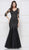 Glow by Colors - G290SL Appliqued Illusion Quarter Sleeve Tulle Gown In Black