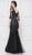 Glow by Colors - G290SL Appliqued Illusion Quarter Sleeve Tulle Gown In Black
