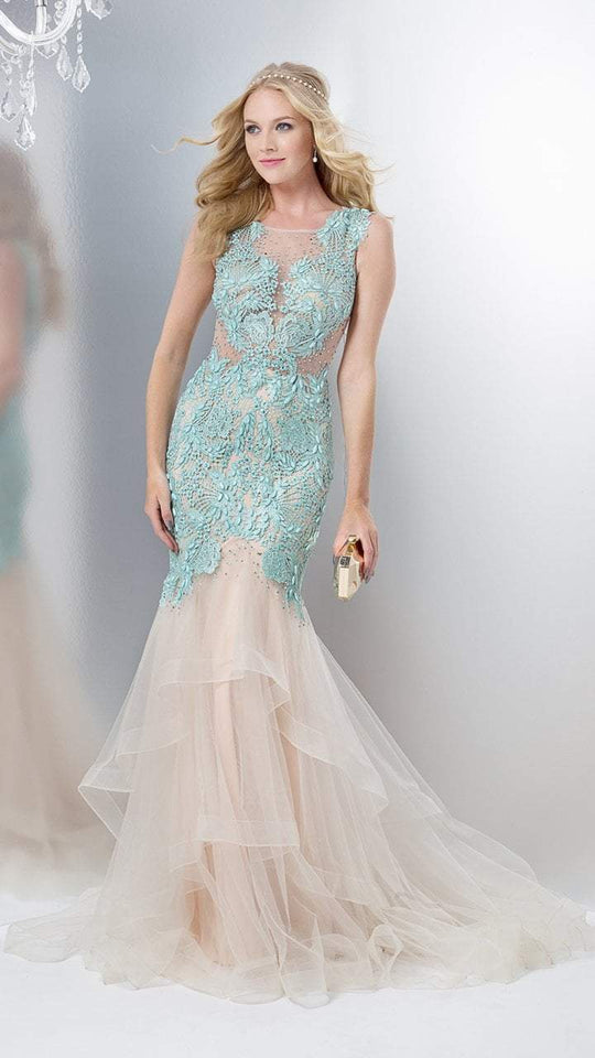 Colors Dress - 1343 Intricate Lace Illusion Mermaid Gown in Blue and Neutral