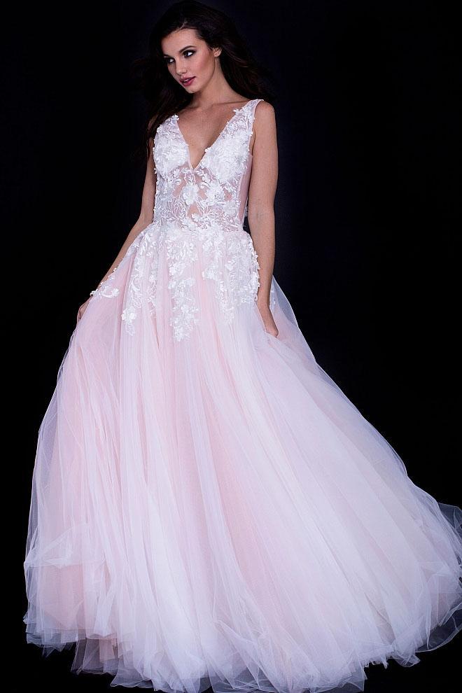 55634 Sheer Floral Appliques V-Neck  Ballgown