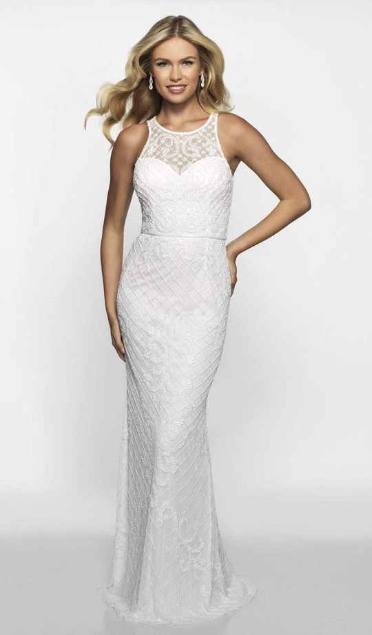 Intrigue by Blush - 556 Beaded Halter Sheath Dress With Train in White
