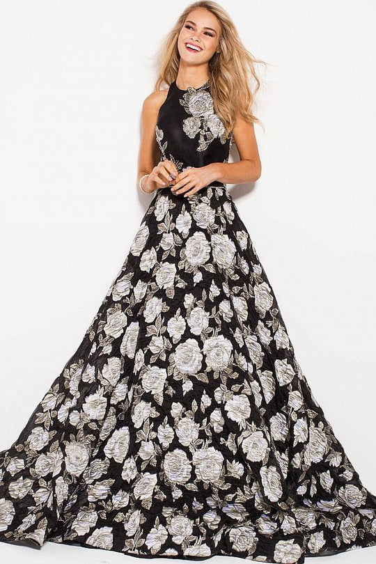 55705 Sleeveless Floral Print Jacquard A-line Gown