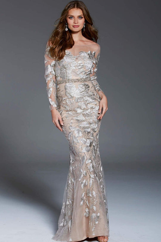 Jovani - 55707 Long Sleeve Embroidered Foliage Motif Gown In Silver and Neutral