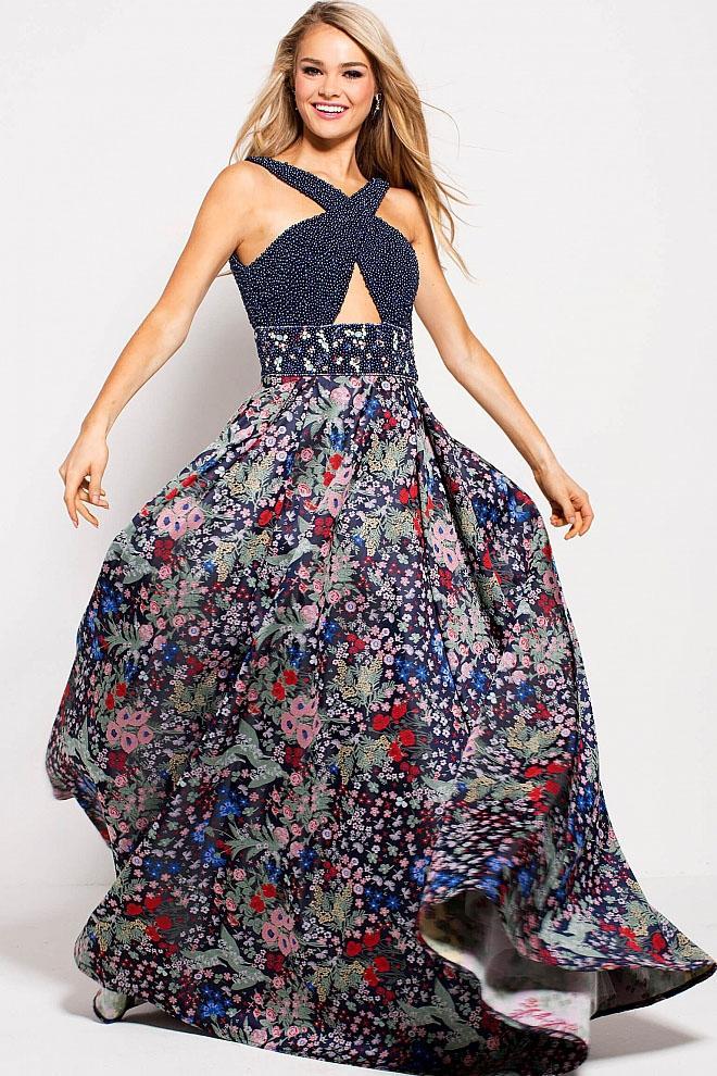 55720 Halter Beaded Multicolor A-Line Gown