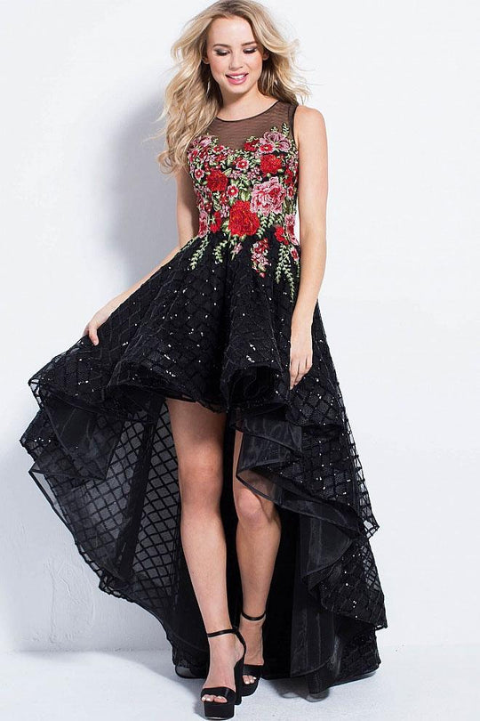 55727 Floral Embroidered High Low Sleeveless Prom Dress