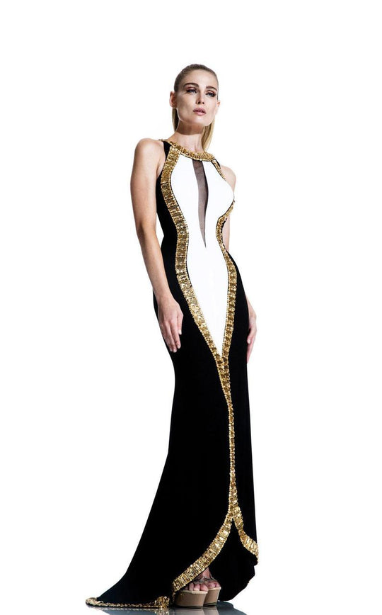 Johnathan Kayne - 557 Gilded Halter Colorblock Evening Gown in Black and White