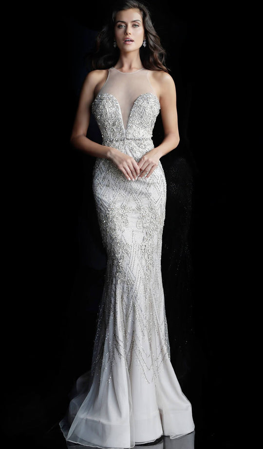 Jovani - 55813 Beaded Illusion Jewel Evening Gown In Nude