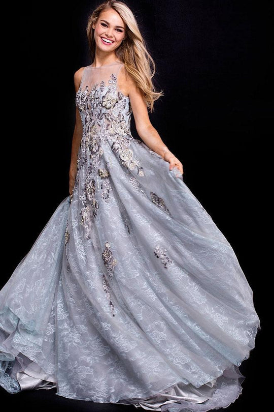 55818 Floral Embroidered Lace Illusion Prom Ballgown