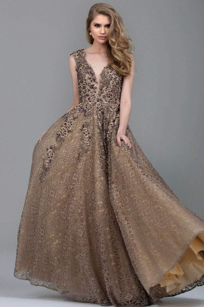 55877 Embellished Lace A-Line Evening Gown