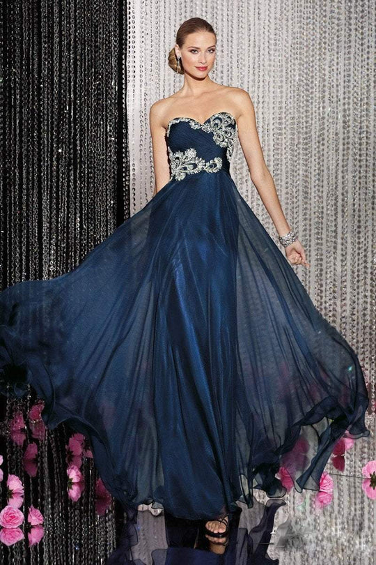 Alyce Paris - Strapless Bejeweled Ruched Sweetheart Long Chiffon Dress 5594 In Blue