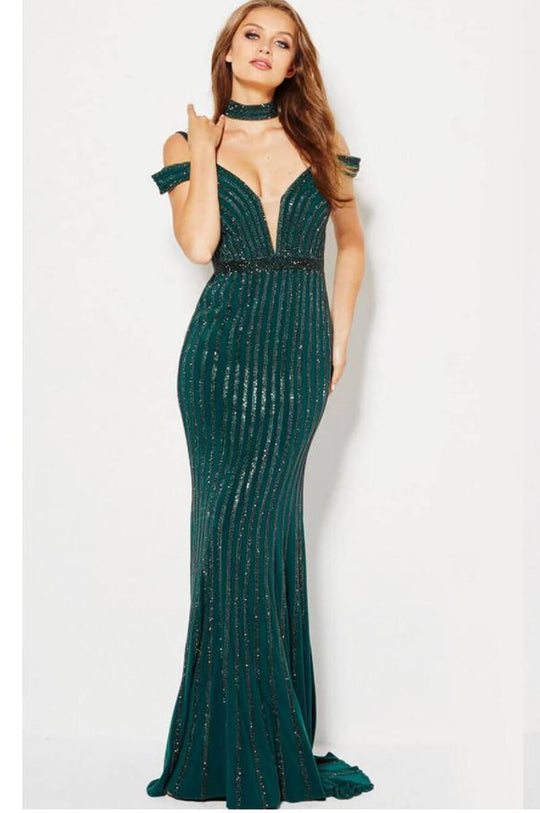 56004 Stripe Beaded Off-Shoulder Gown